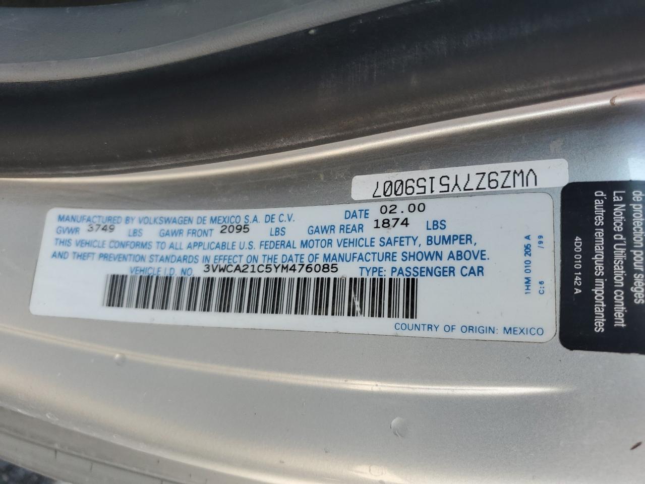 2000 Volkswagen New Beetle Gls VIN: 3VWCA21C5YM476085 Lot: 56998365