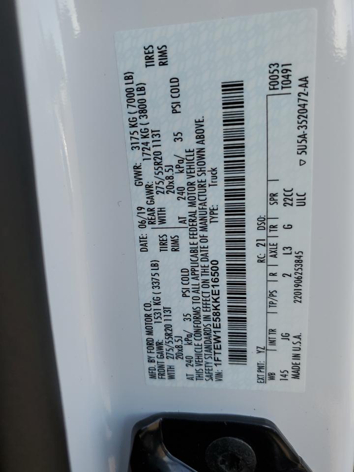 2019 Ford F150 Supercrew VIN: 1FTEW1E58KKE16500 Lot: 57663745