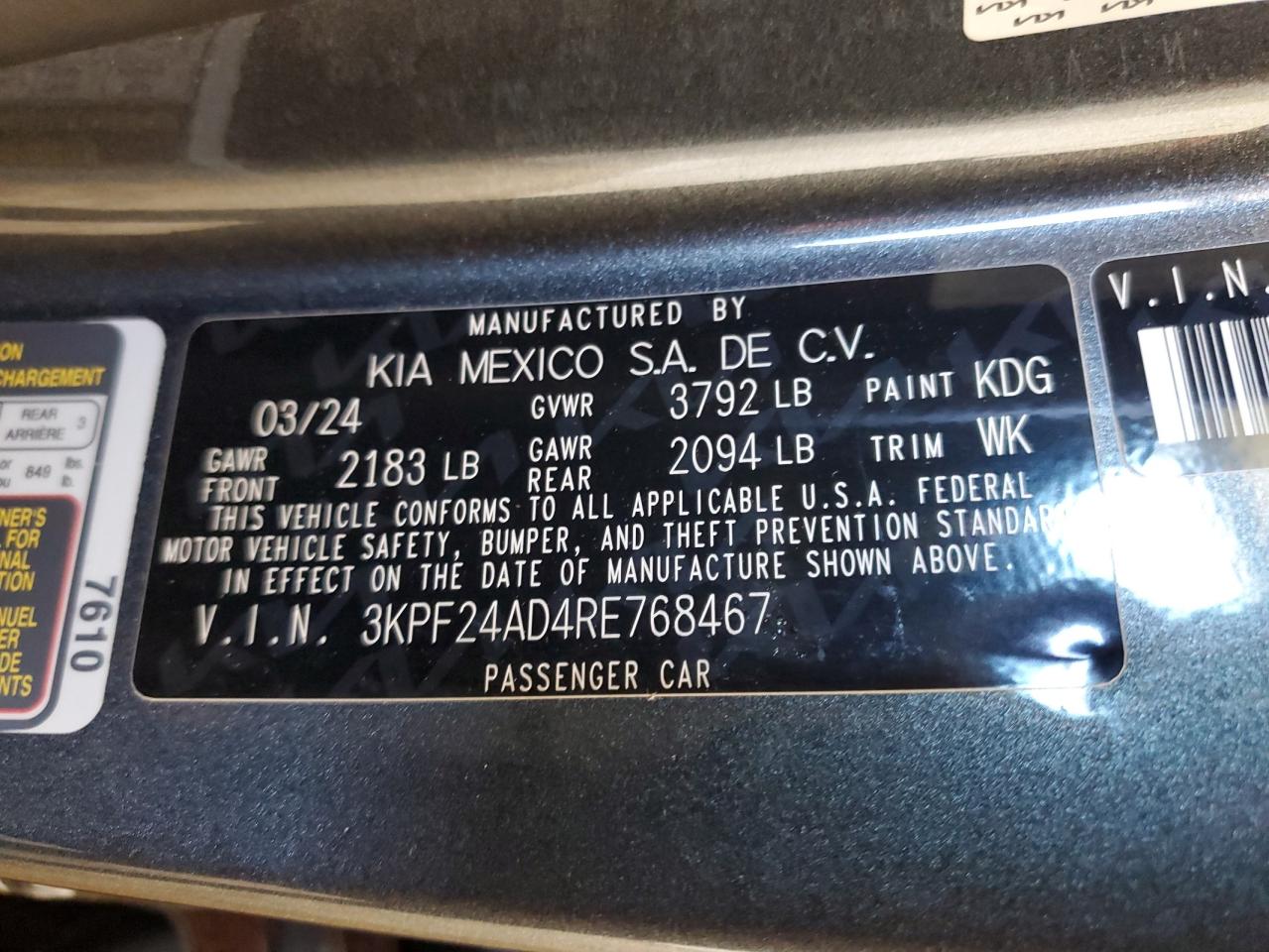 2024 Kia Forte Lx VIN: 3KPF24AD4RE768467 Lot: 56329125
