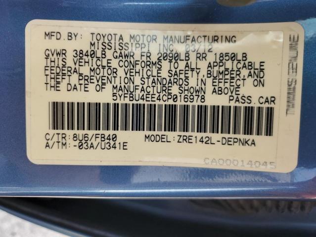 2012 TOYOTA COROLLA BASE