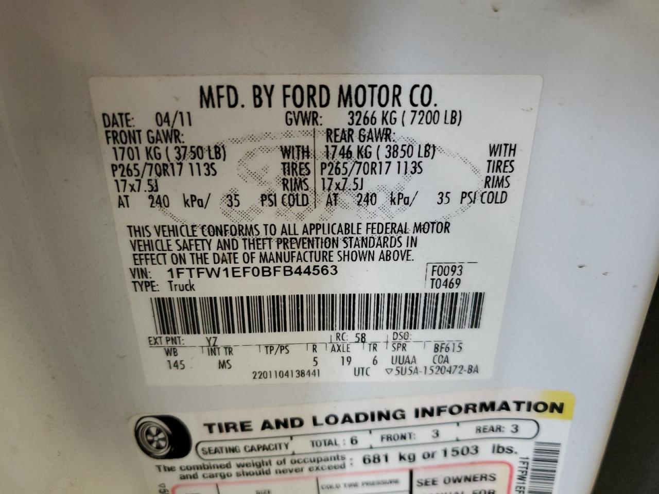 2011 Ford F150 Supercrew VIN: 1FTFW1EF0BFB44563 Lot: 56484685