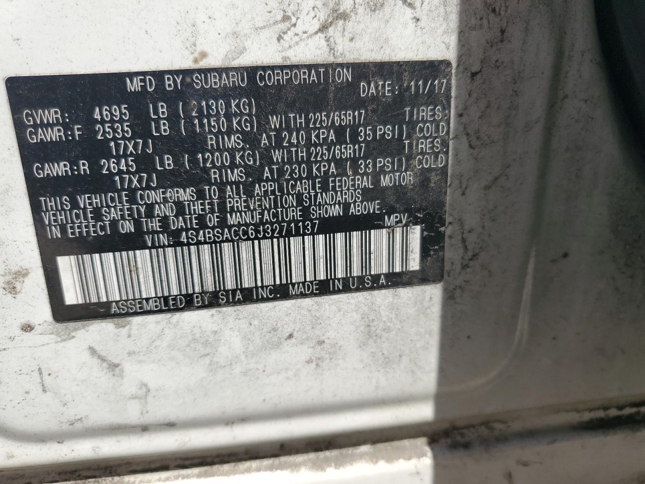 2018 Subaru Outback 2.5I Premium VIN: 4S4BSACC6J3271137 Lot: 56866585