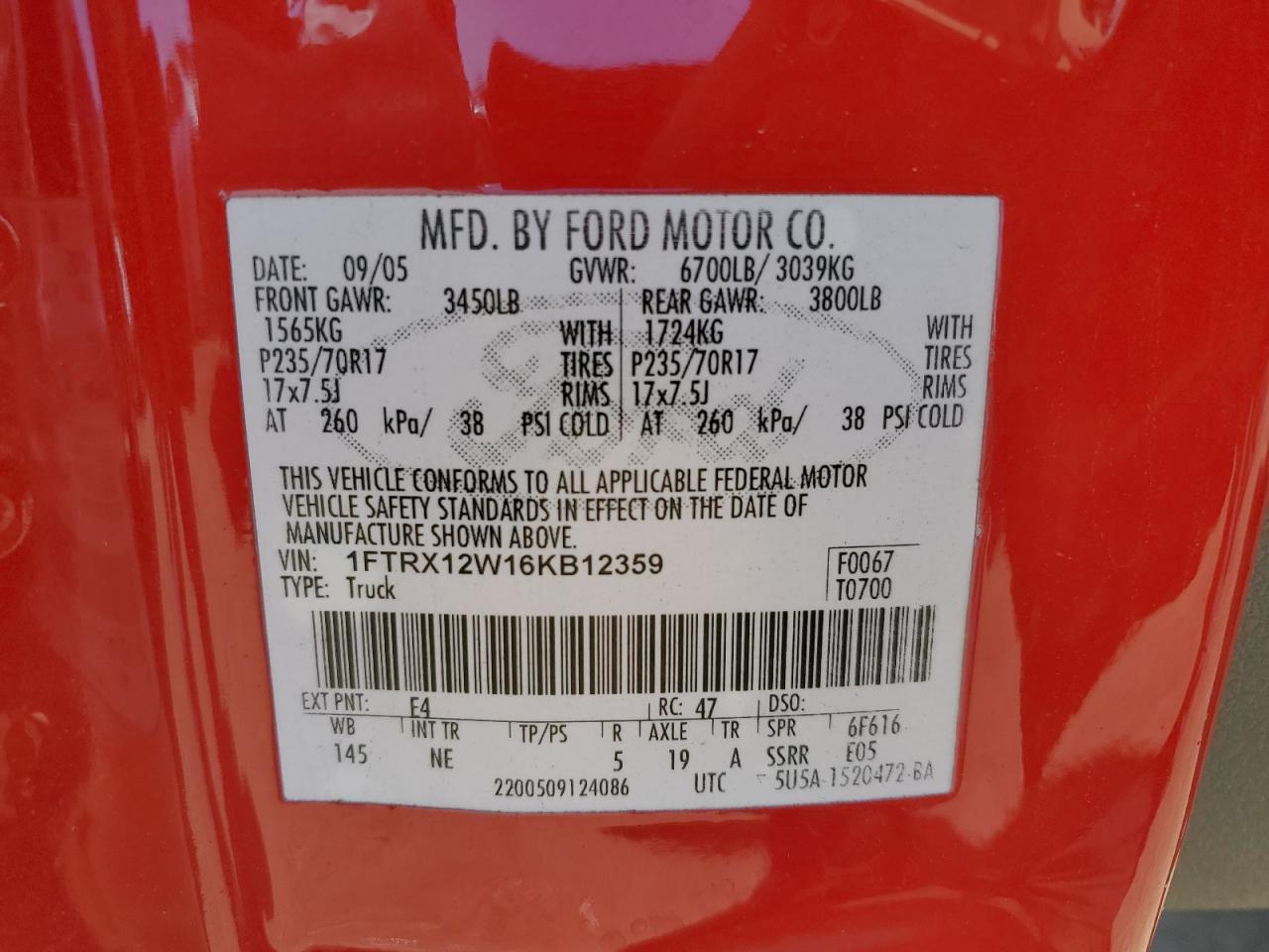 2006 Ford F150 VIN: 1FTRX12W16KB12359 Lot: 58303155