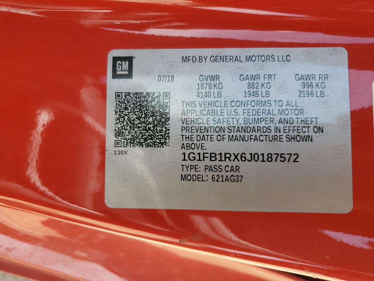 2018 Chevrolet Camaro Lt VIN: 1G1FB1RX6J0187572 Lot: 57117215