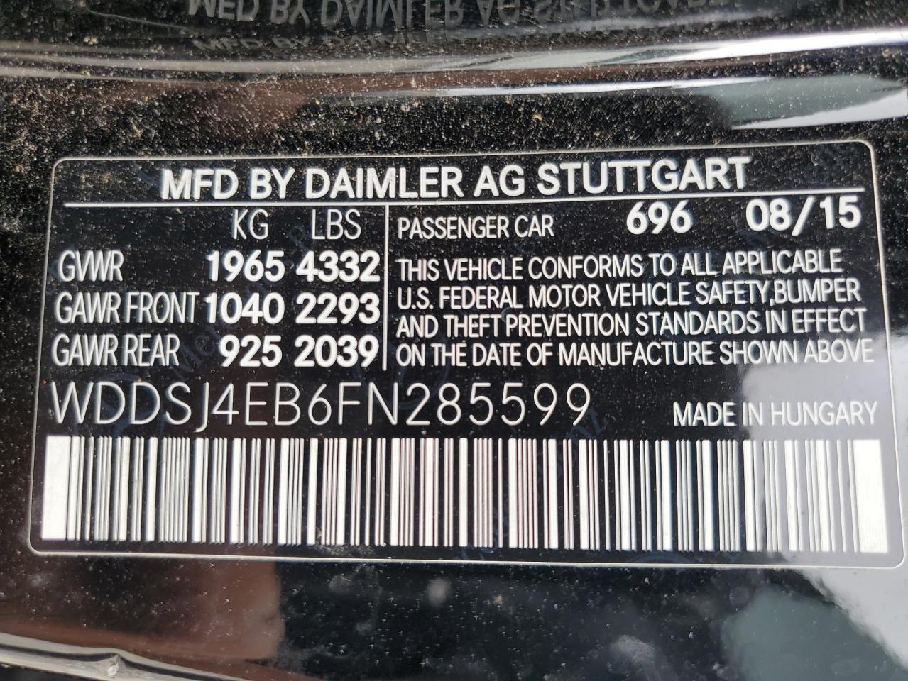2015 Mercedes-Benz Cla 250 VIN: WDDSJ4EB6FN285599 Lot: 56471995