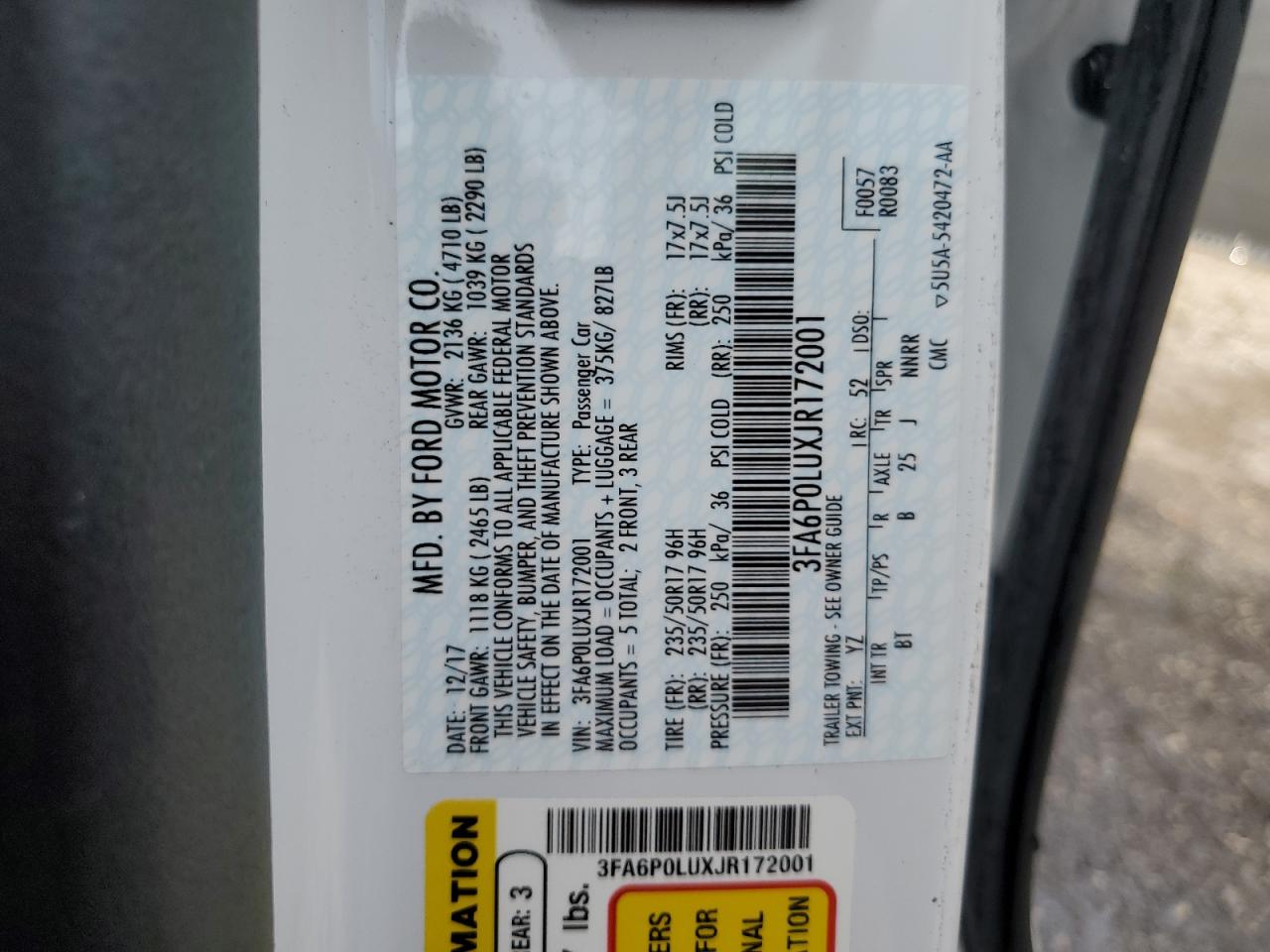 2018 Ford Fusion Se Hybrid VIN: 3FA6P0LUXJR172001 Lot: 54024495