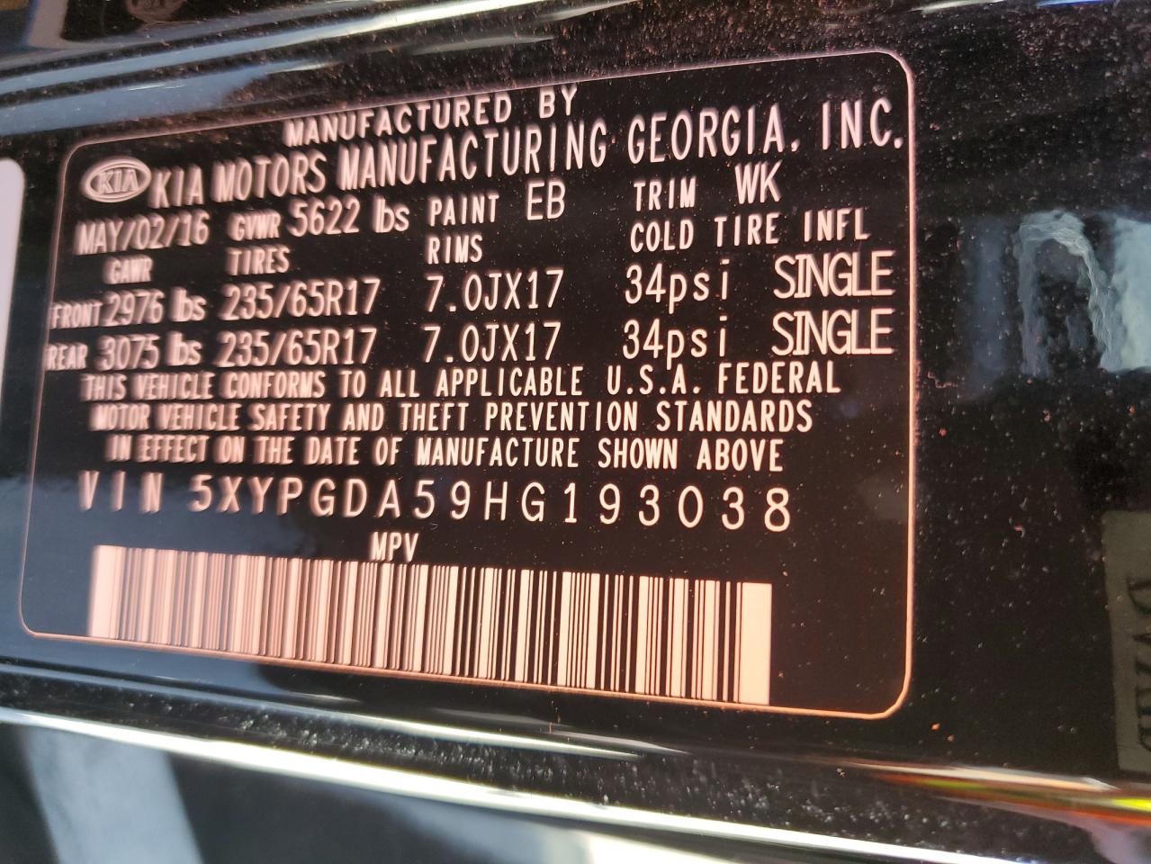 2017 Kia Sorento Lx VIN: 5XYPGDA59HG193038 Lot: 56889955