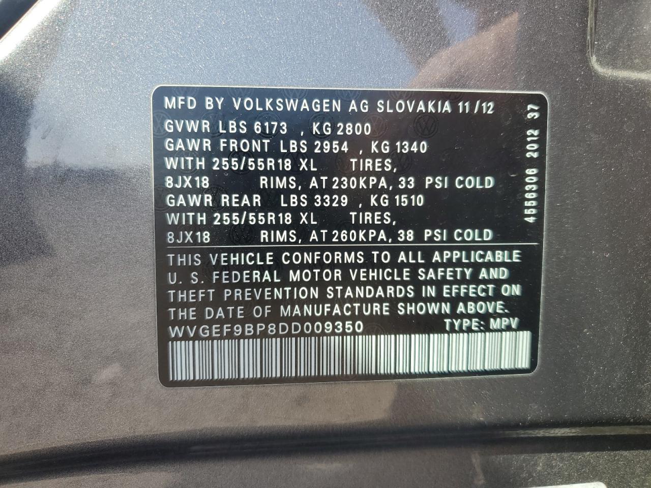 2013 Volkswagen Touareg V6 VIN: WVGEF9BP8DD009350 Lot: 55775385