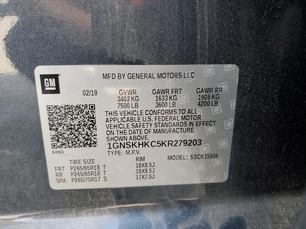 2019 Chevrolet Suburban K1500 Lt VIN: 1GNSKHKC5KR279203 Lot: 57387975