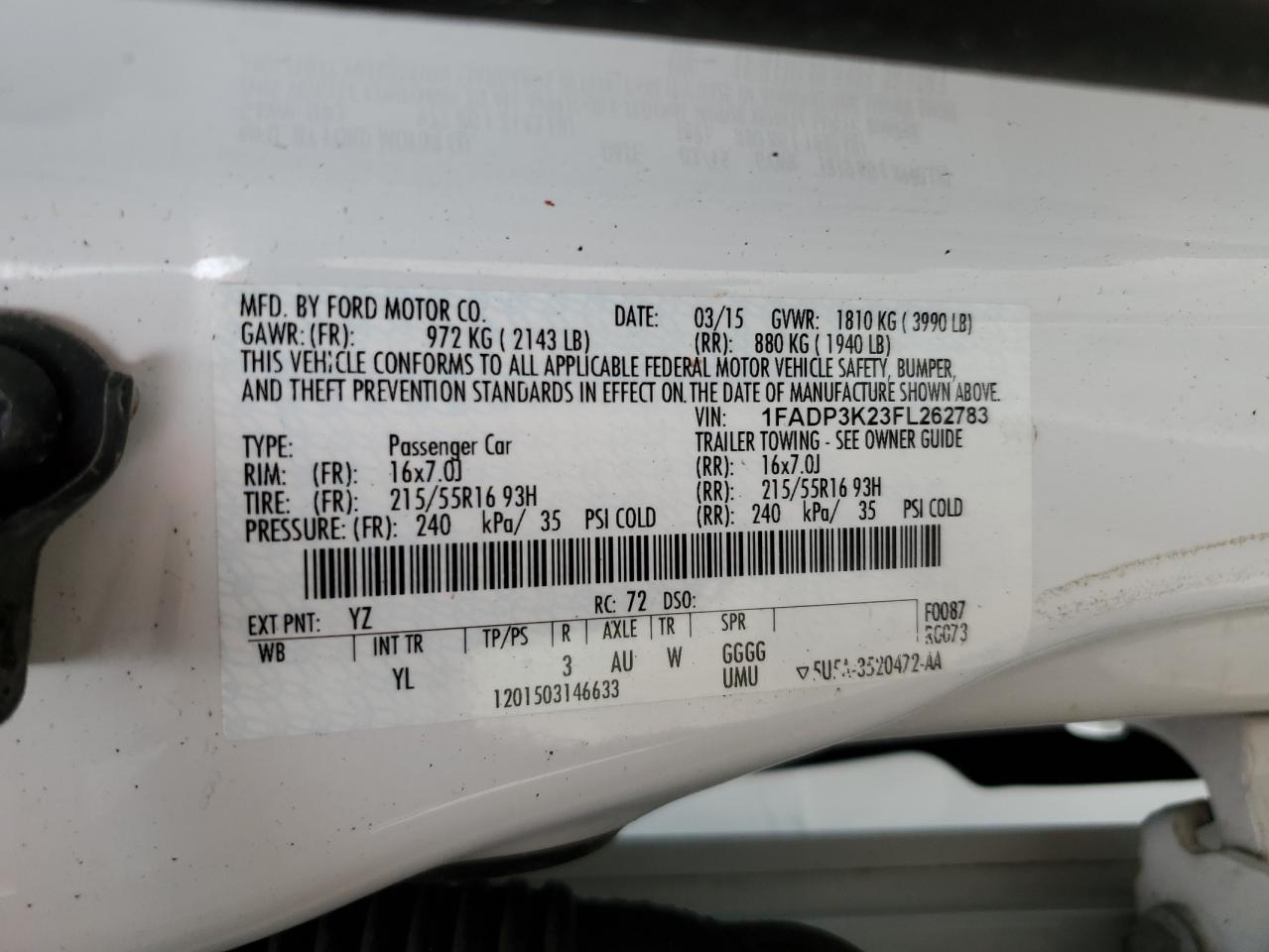 2015 Ford Focus Se VIN: 1FADP3K23FL262783 Lot: 56888565