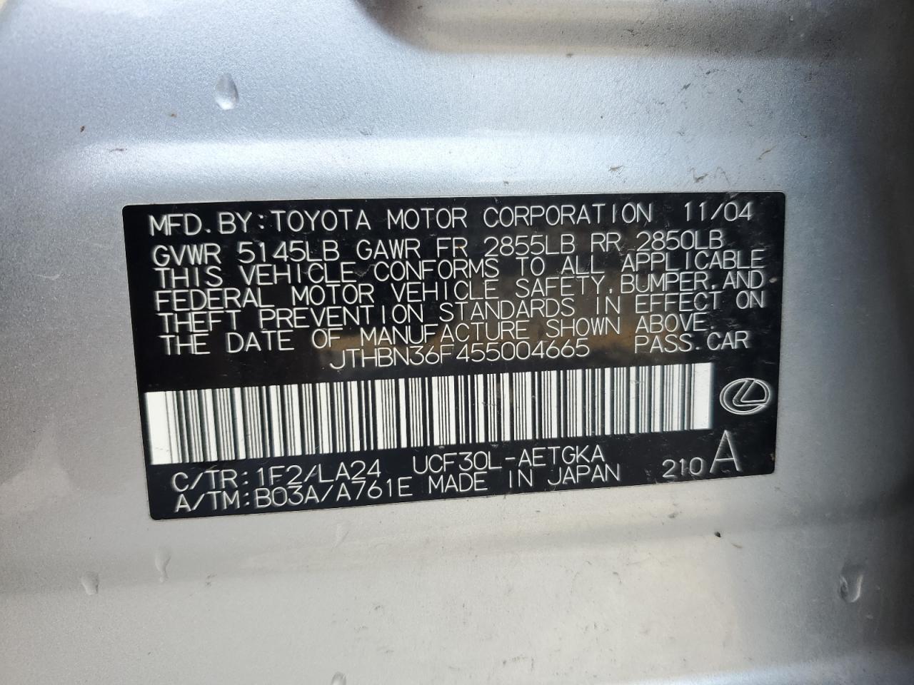 2005 Lexus Ls 430 VIN: JTHBN36F455004665 Lot: 55113815