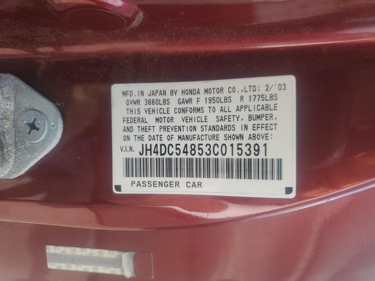 2003 Acura Rsx VIN: JH4DC54853C015391 Lot: 55792125