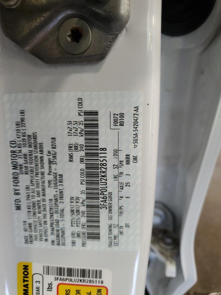 2019 Ford Fusion Se VIN: 3FA6P0LU2KR285118 Lot: 54026215