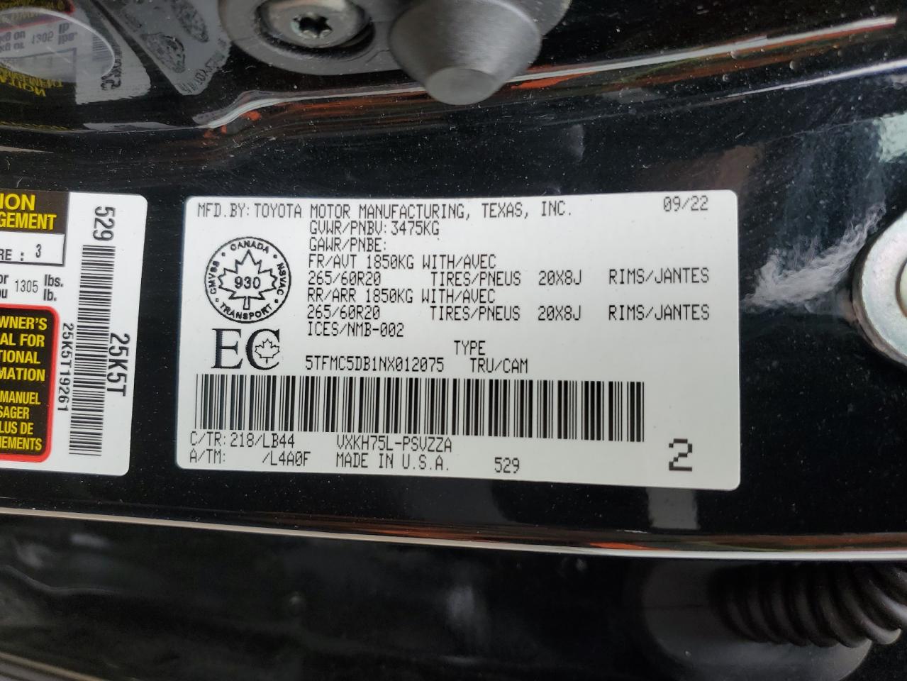 2022 Toyota Tundra Crewmax Platinum VIN: 5TFMC5DB1NX012075 Lot: 55941405