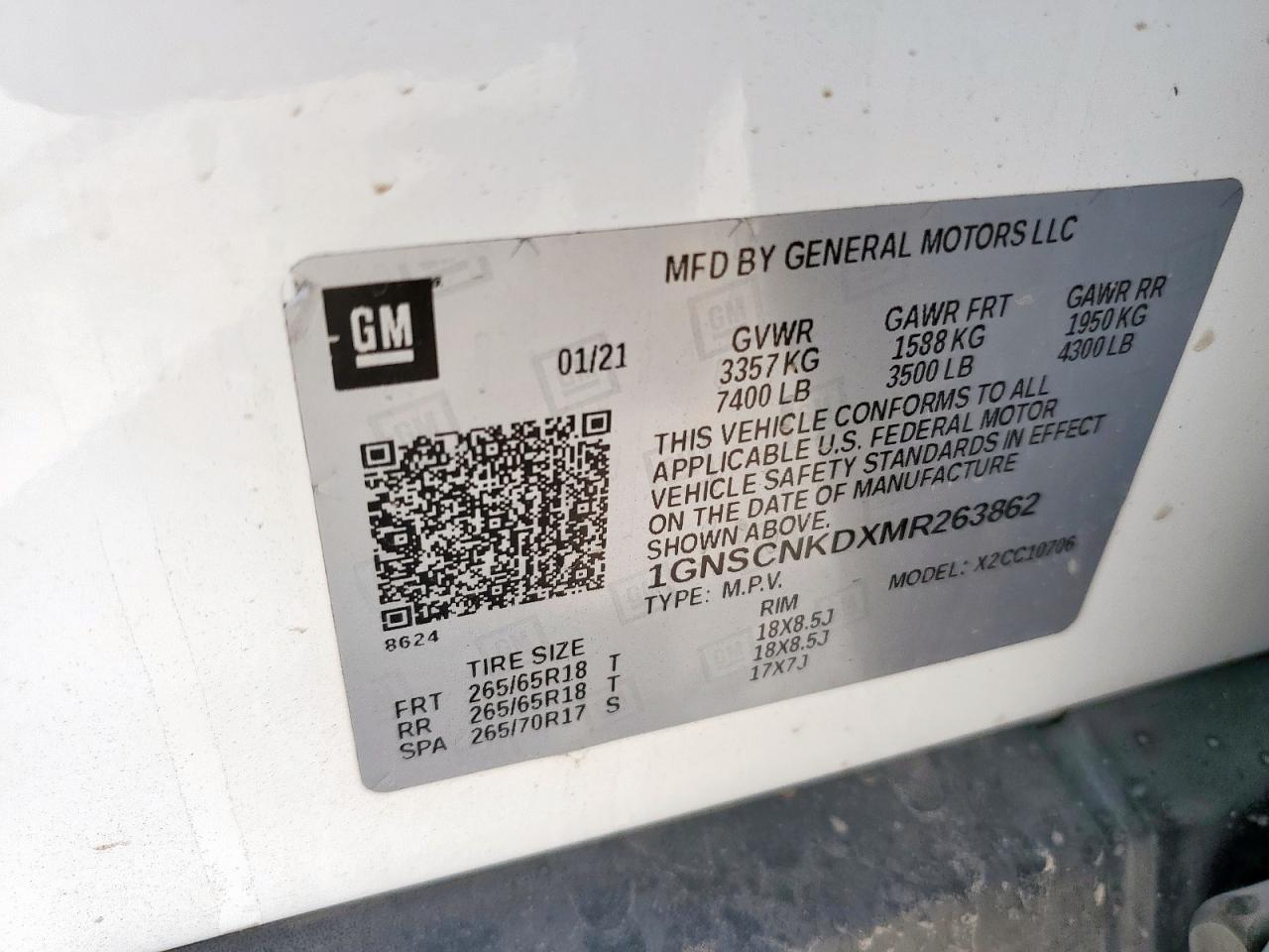 2021 Chevrolet Tahoe C1500 Lt VIN: 1GNSCNKDXMR263862 Lot: 58743585