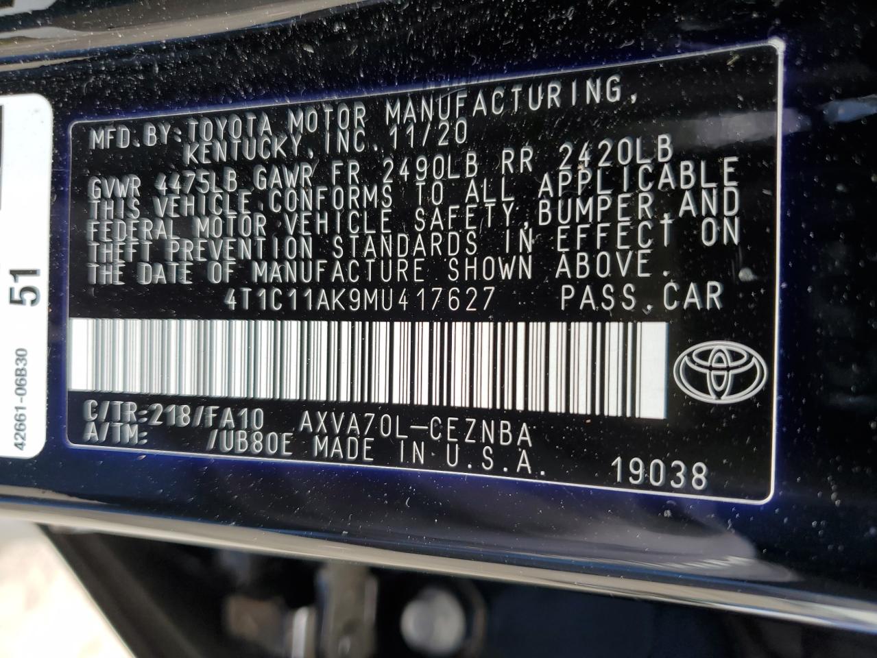 2021 Toyota Camry Le VIN: 4T1C11AK9MU417627 Lot: 55762905