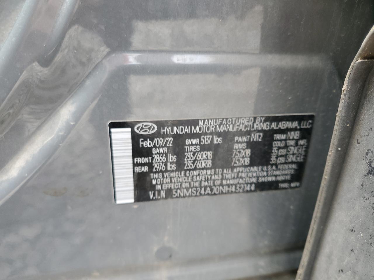2022 Hyundai Santa Fe Sel VIN: 5NMS24AJ0NH432144 Lot: 57042075
