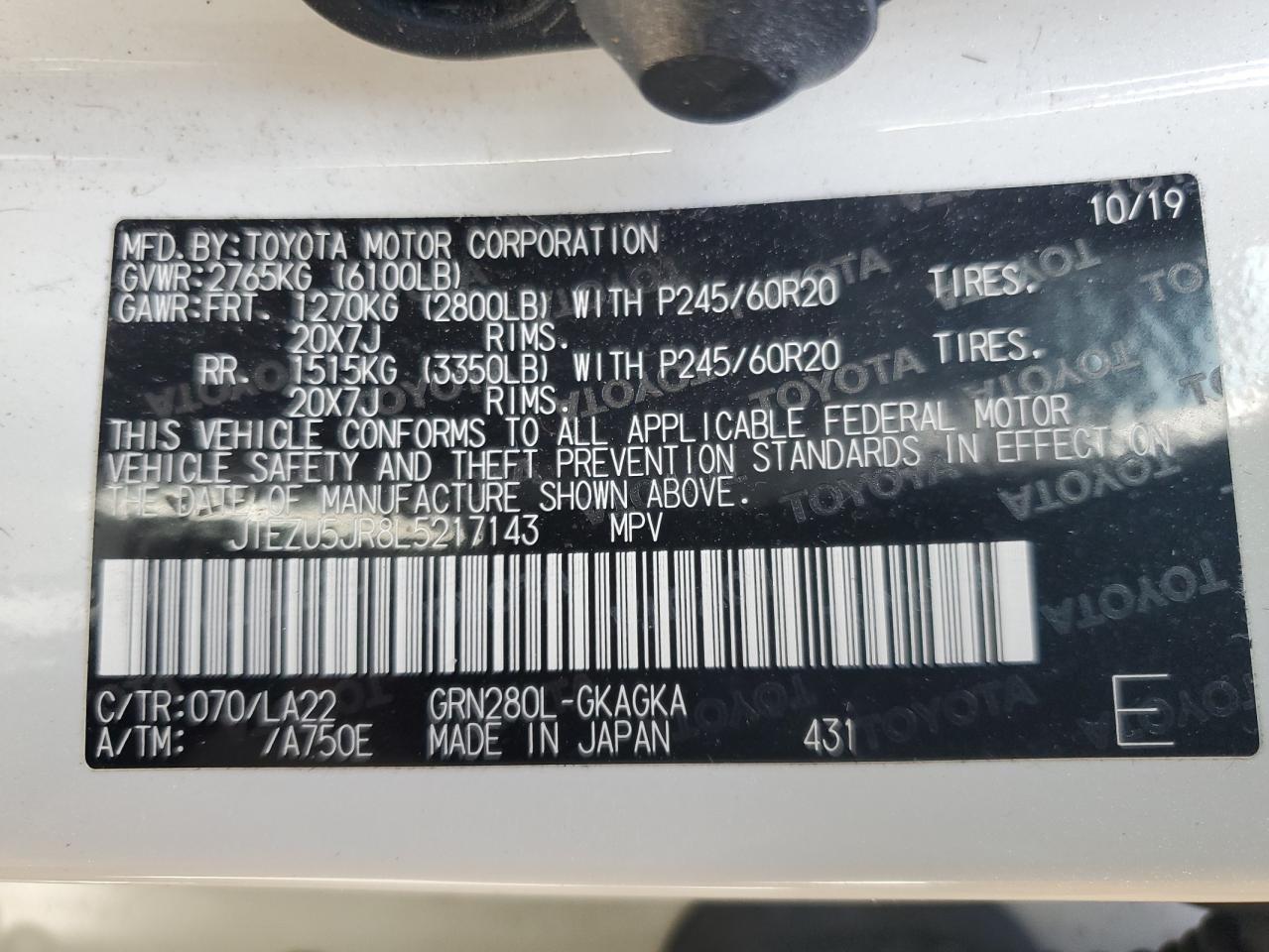 JTEZU5JR8L5217143 2020 Toyota 4Runner Sr5