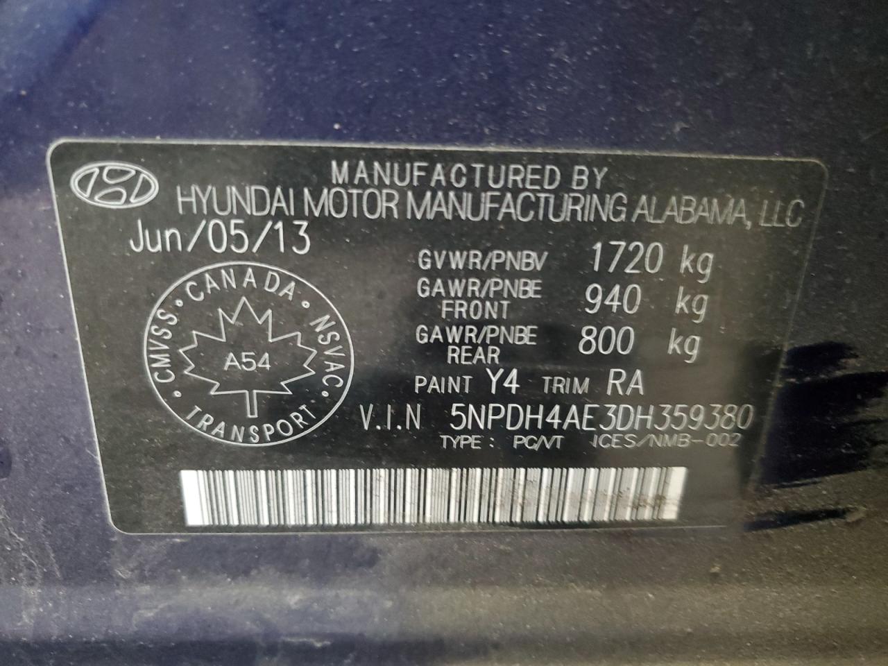 2013 Hyundai Elantra Gls VIN: 5NPDH4AE3DH359380 Lot: 56841975