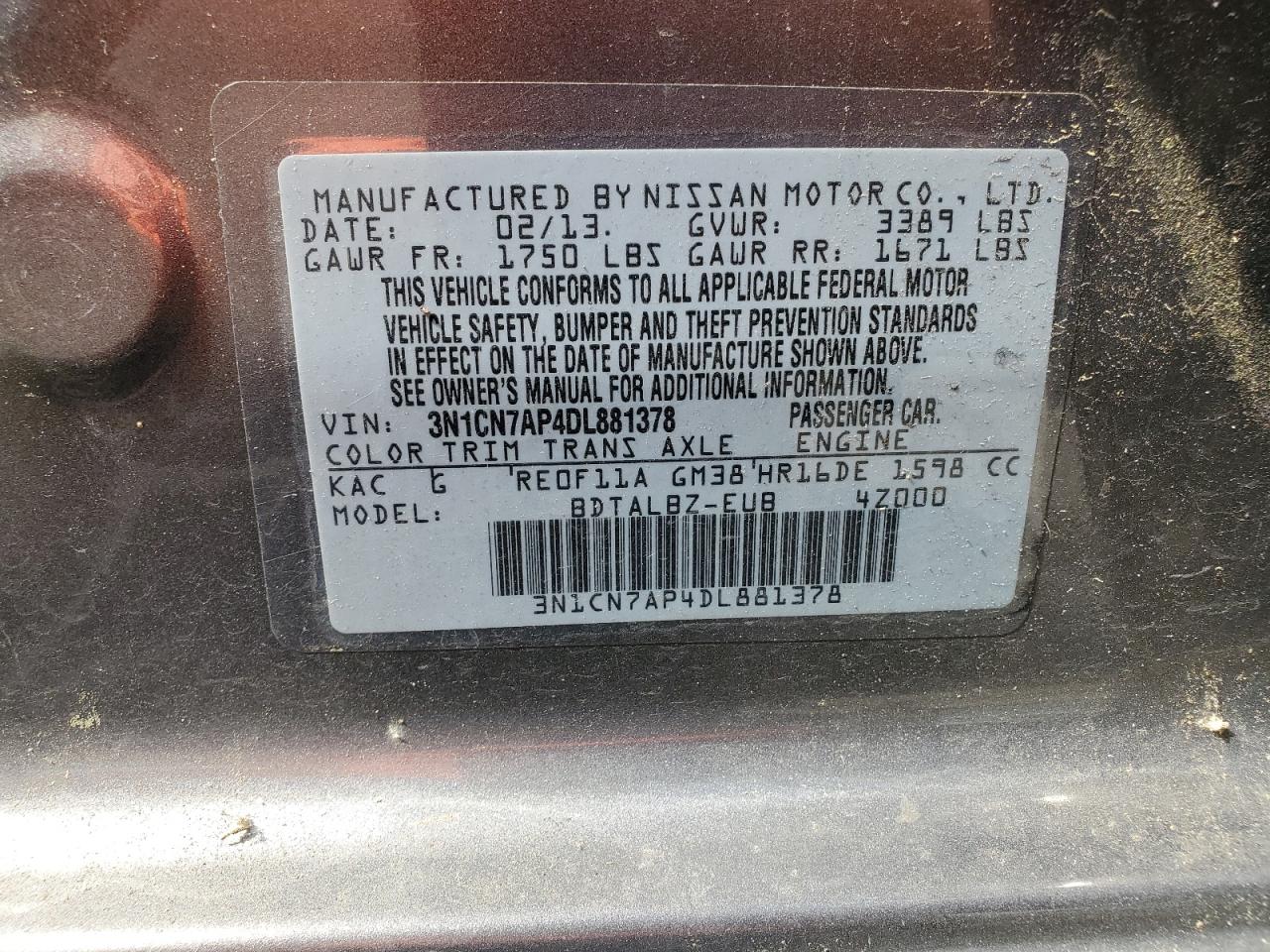 2013 Nissan Versa S VIN: 3N1CN7AP4DL881378 Lot: 57070585