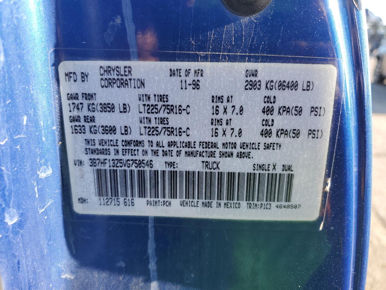 1997 Dodge Ram 1500 VIN: 3B7HF13Z5VG750546 Lot: 57771645
