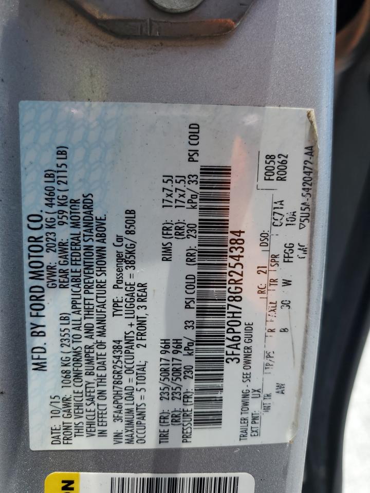 2016 Ford Fusion Se VIN: 3FA6P0H78GR254384 Lot: 55269355