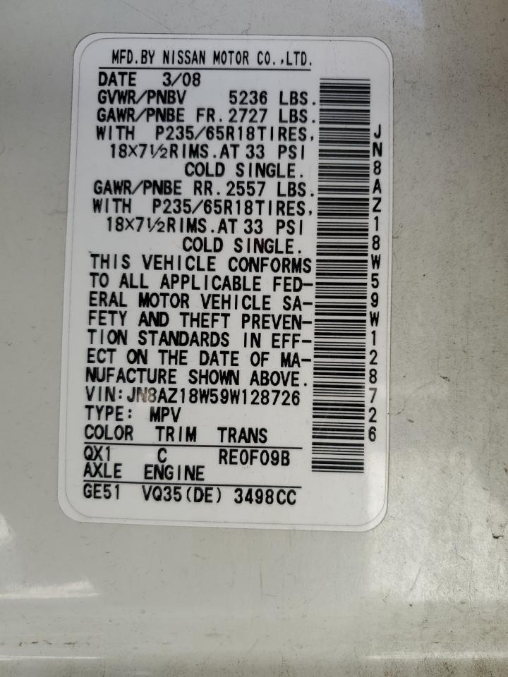 2009 Nissan Murano S VIN: JN8AZ18W59W128726 Lot: 57164485