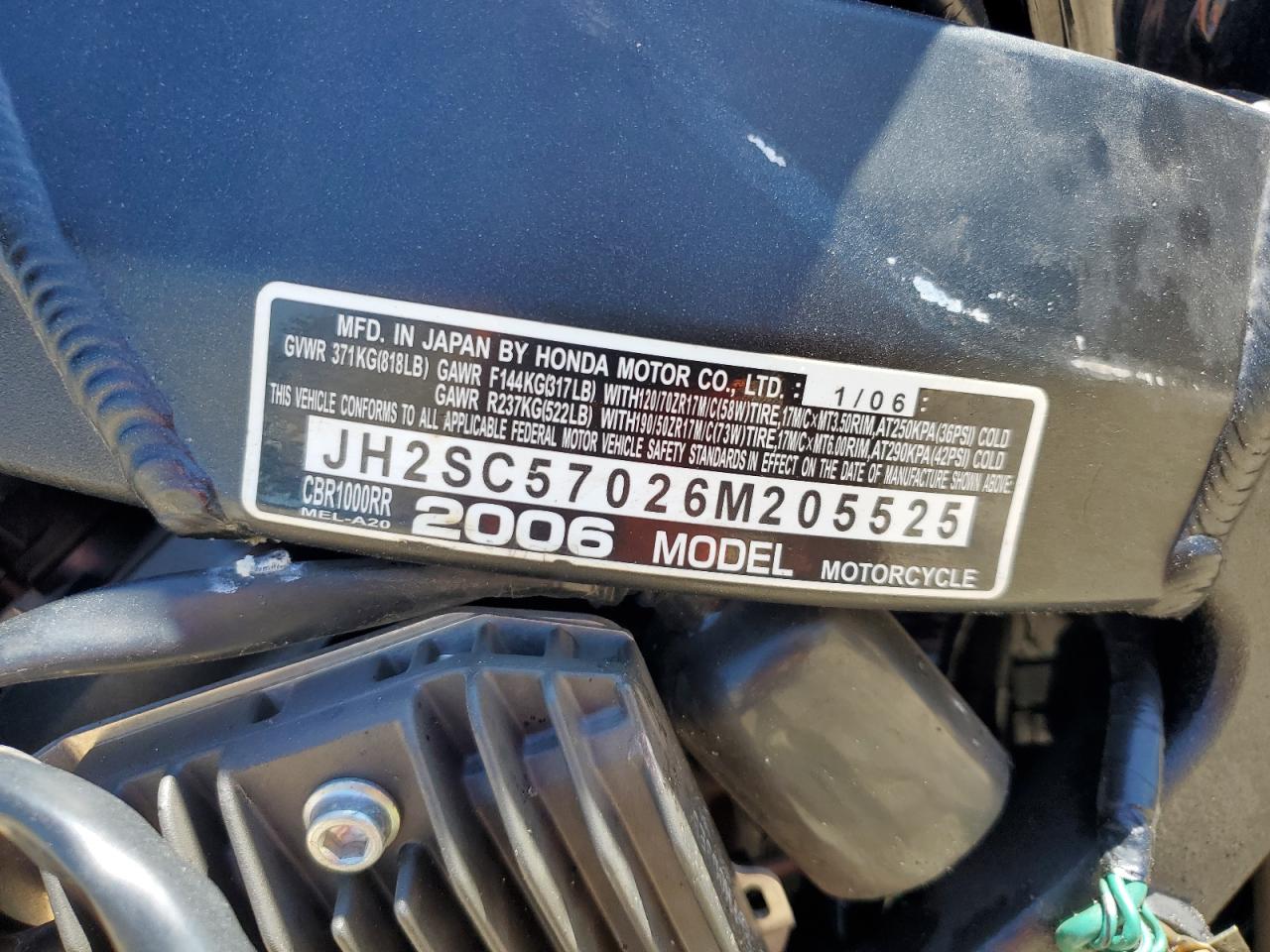 2006 Honda Cbr1000 Rr VIN: JH2SC57026M205525 Lot: 57927505