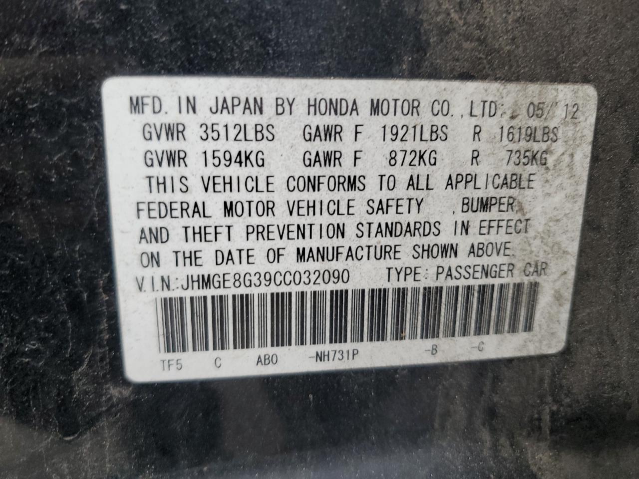 2012 Honda Fit VIN: JHMGE8G39CC032090 Lot: 57880775