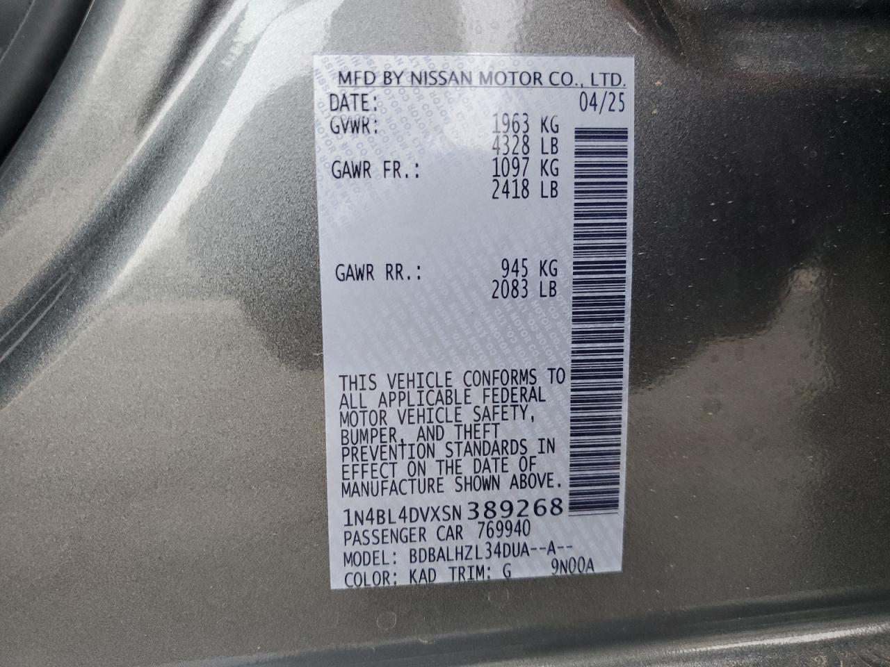 2025 Nissan Altima Sv VIN: 1N4BL4DVXSN389268 Lot: 55697835
