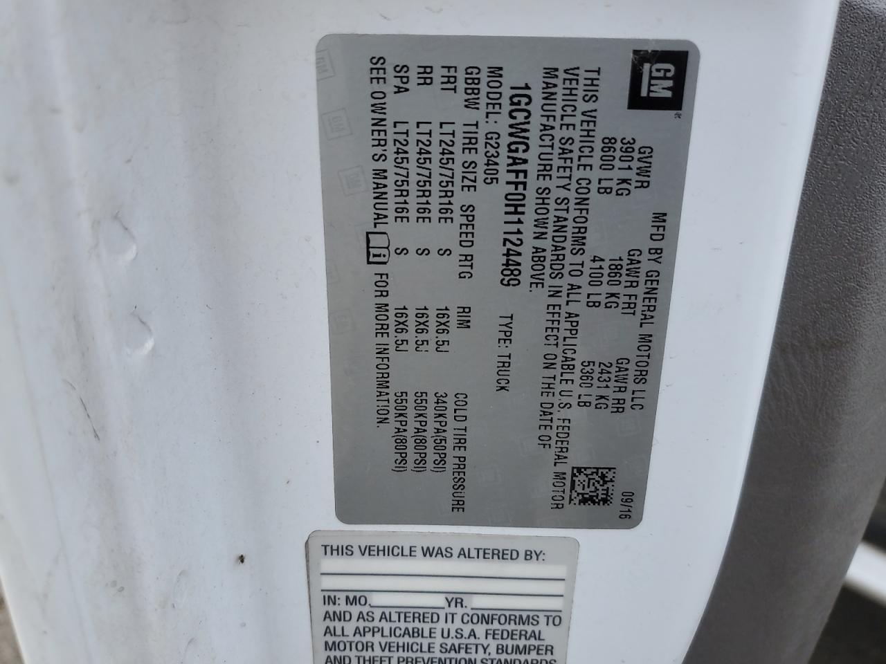 2017 Chevrolet Express G2500 VIN: 1GCWGAFF0H1124489 Lot: 56189095