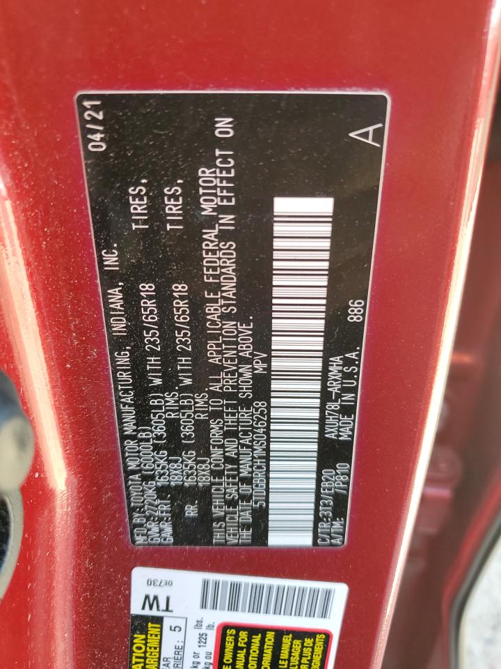 2021 Toyota Highlander Hybrid Xle VIN: 5TDGBRCH1MS046258 Lot: 57132455