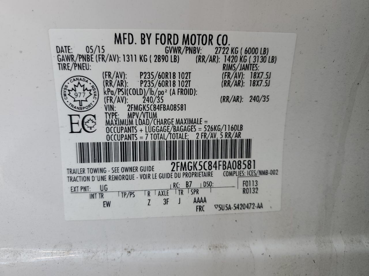 2015 Ford Flex Sel VIN: 2FMGK5C84FBA08581 Lot: 56739625