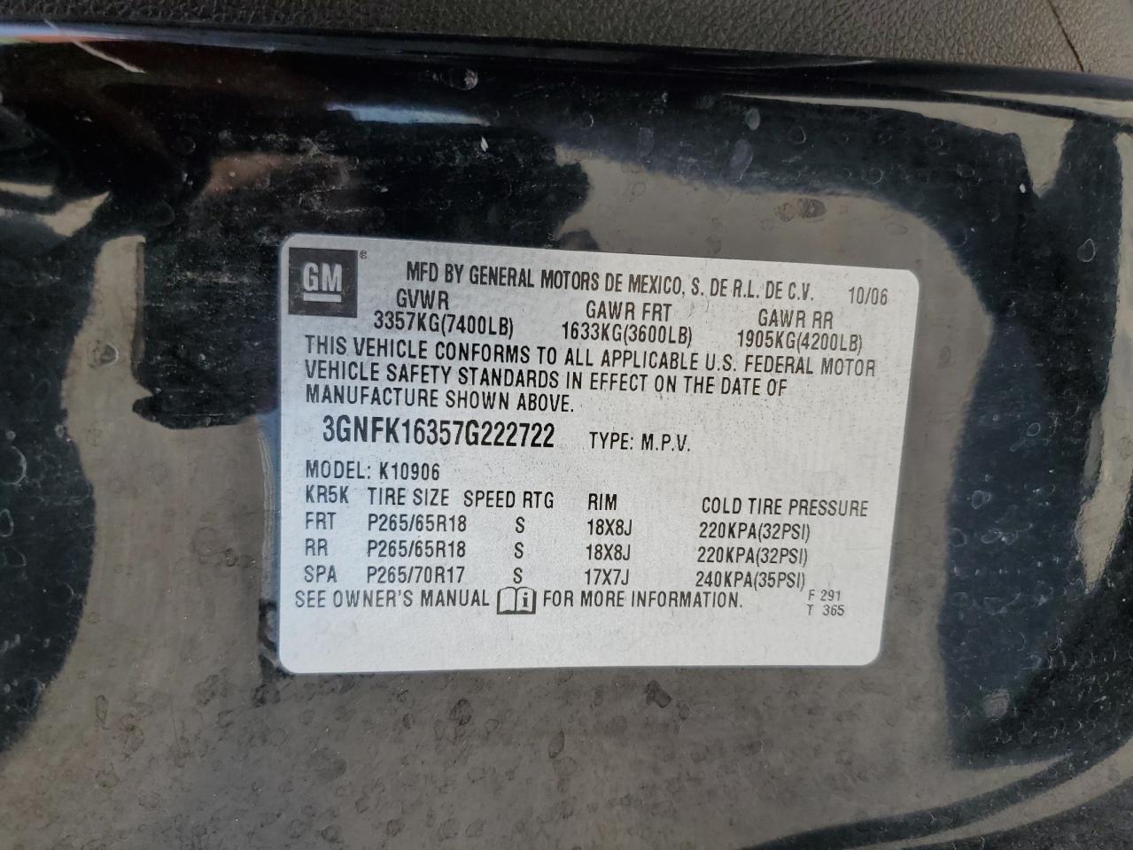 2007 Chevrolet Suburban K1500 VIN: 3GNFK16357G222722 Lot: 58269225