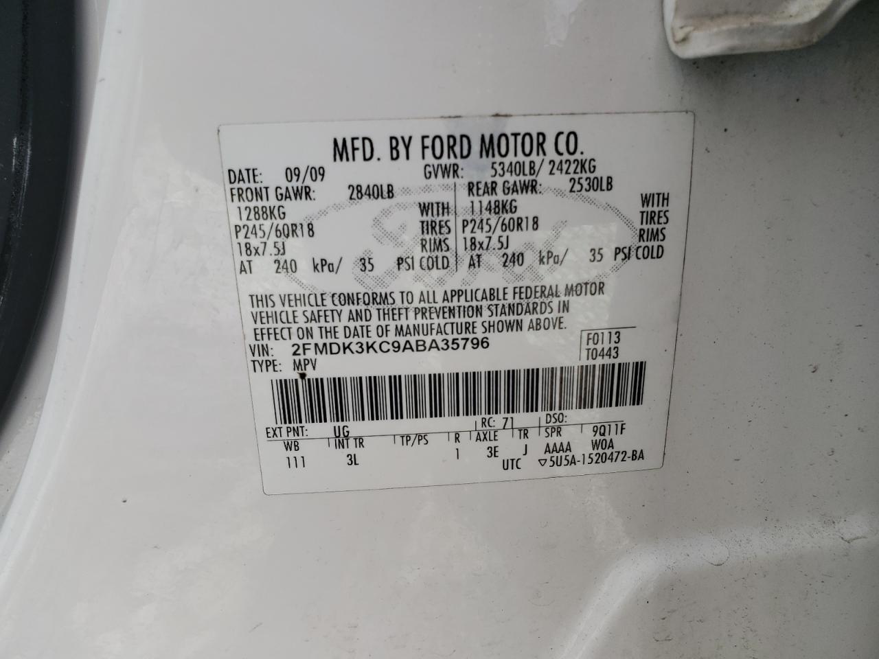 2010 Ford Edge Limited VIN: 2FMDK3KC9ABA35796 Lot: 57061885