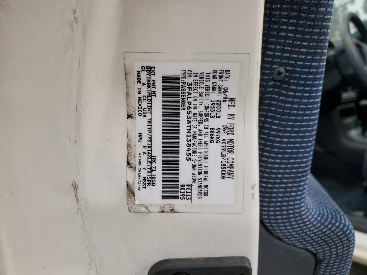 1996 Ford Contour Gl VIN: 3FALP6538TM138455 Lot: 58030365