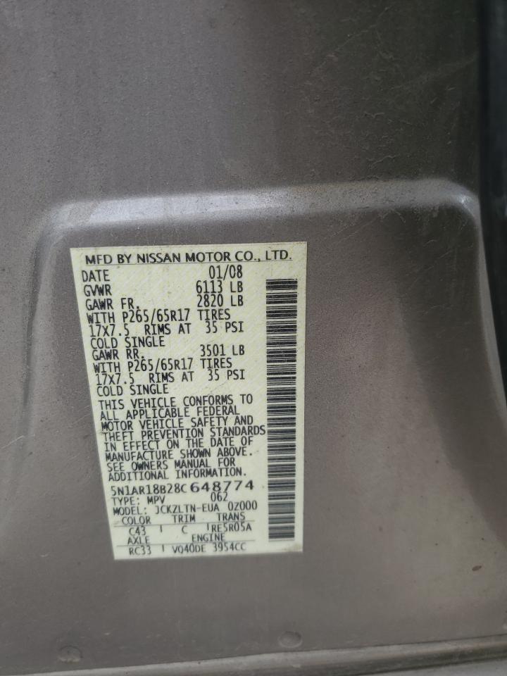 2008 Nissan Pathfinder S VIN: 5N1AR18B28C648774 Lot: 56690485
