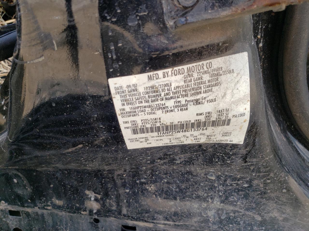 2008 Ford Taurus Limited VIN: 1FAHP25W48G133764 Lot: 58559365