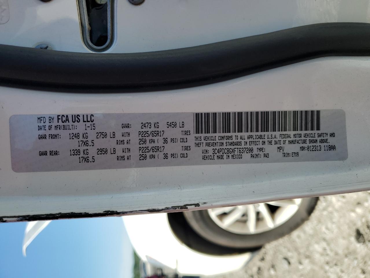 2015 Dodge Journey Sxt VIN: 3C4PDCBGXFT637200 Lot: 57106525