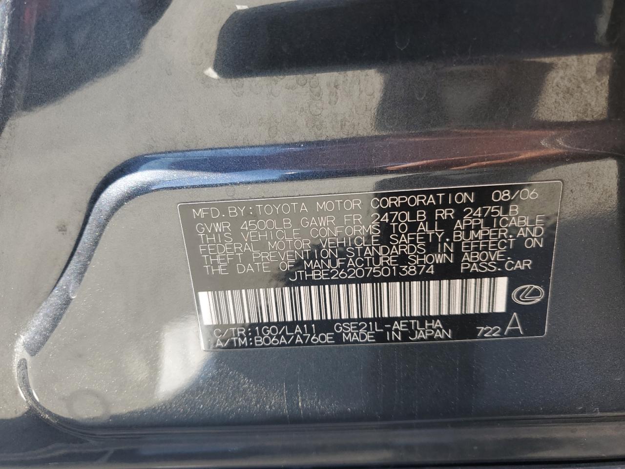 2007 Lexus Is 350 VIN: JTHBE262075013874 Lot: 56979595