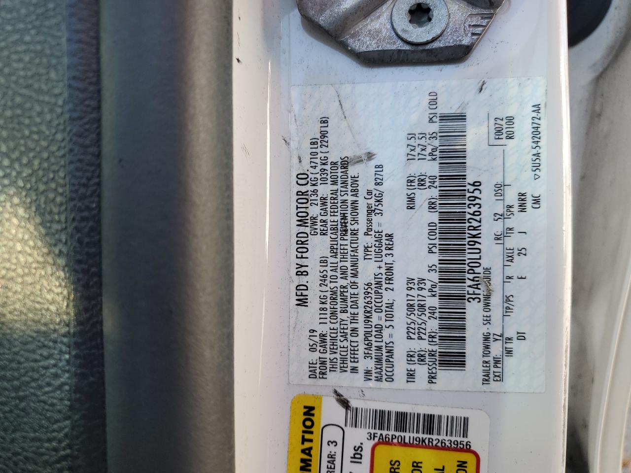 2019 Ford Fusion Se VIN: 3FA6P0LU9KR263956 Lot: 56534145