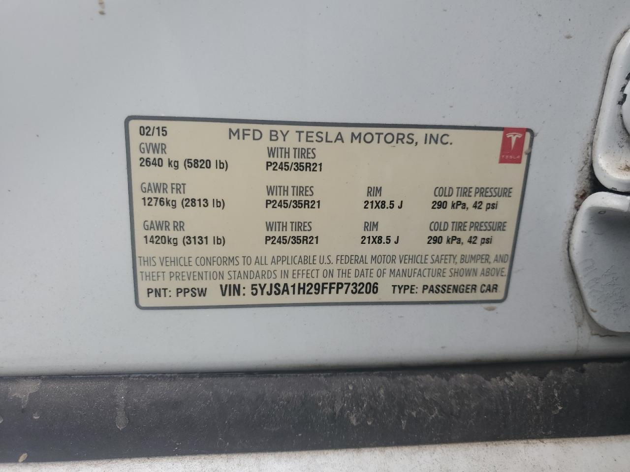 2015 Tesla Model S 85D VIN: 5YJSA1H29FFP73206 Lot: 56860015