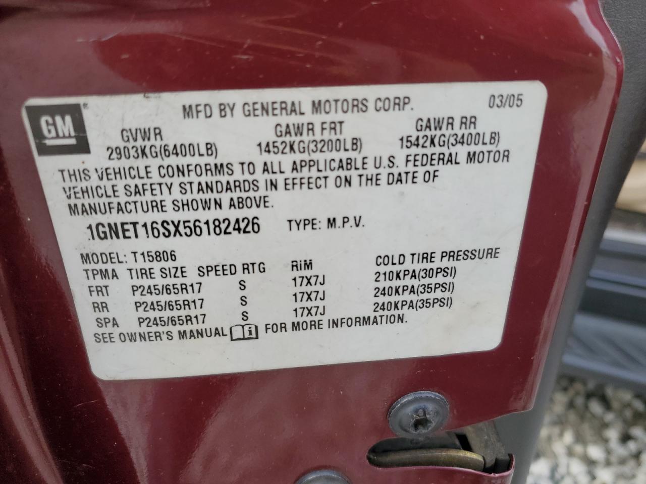 2005 Chevrolet Trailblazer Ext Ls VIN: 1GNET16SX56182426 Lot: 56960665