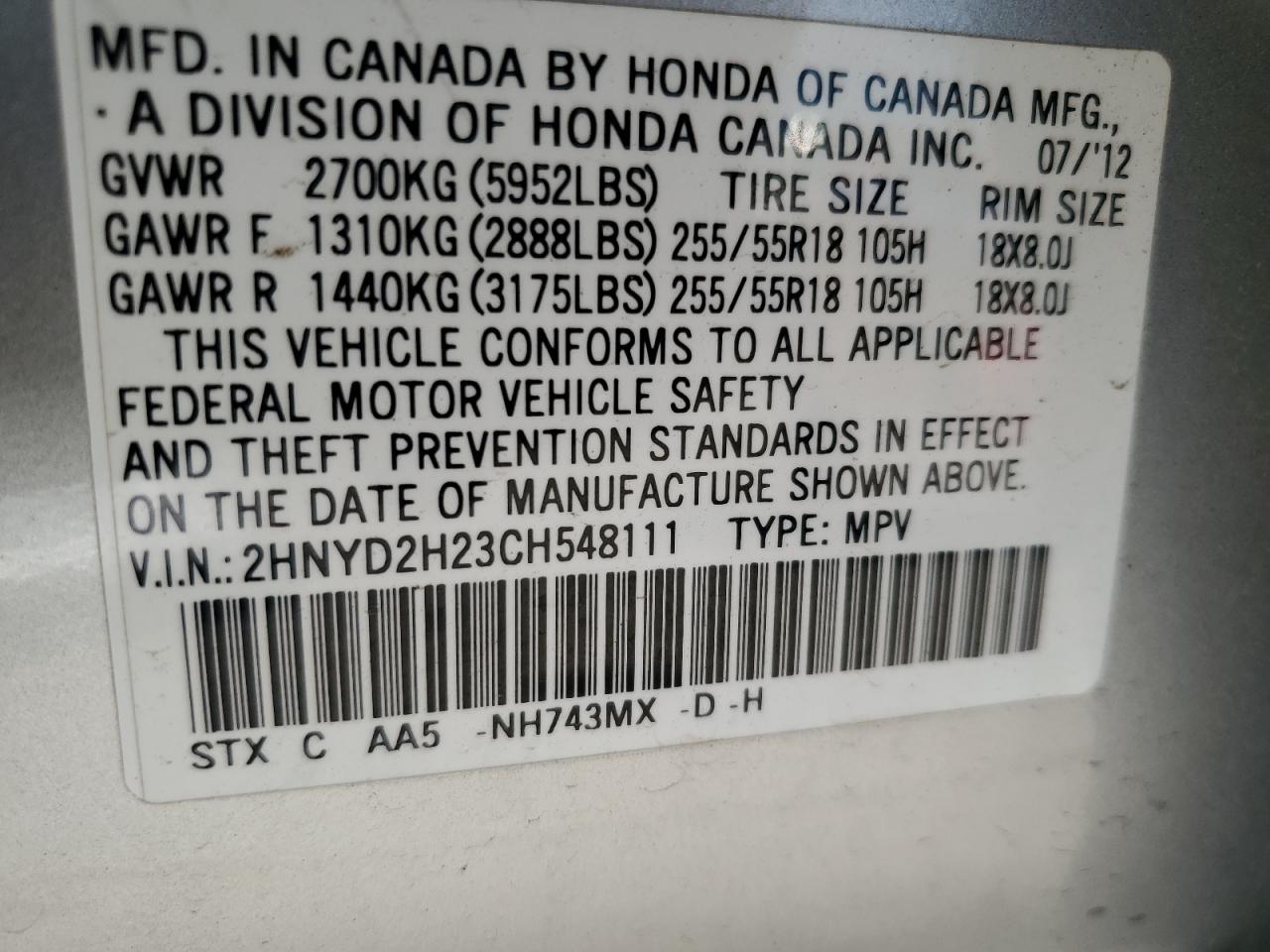2012 Acura Mdx VIN: 2HNYD2H23CH548111 Lot: 56323665