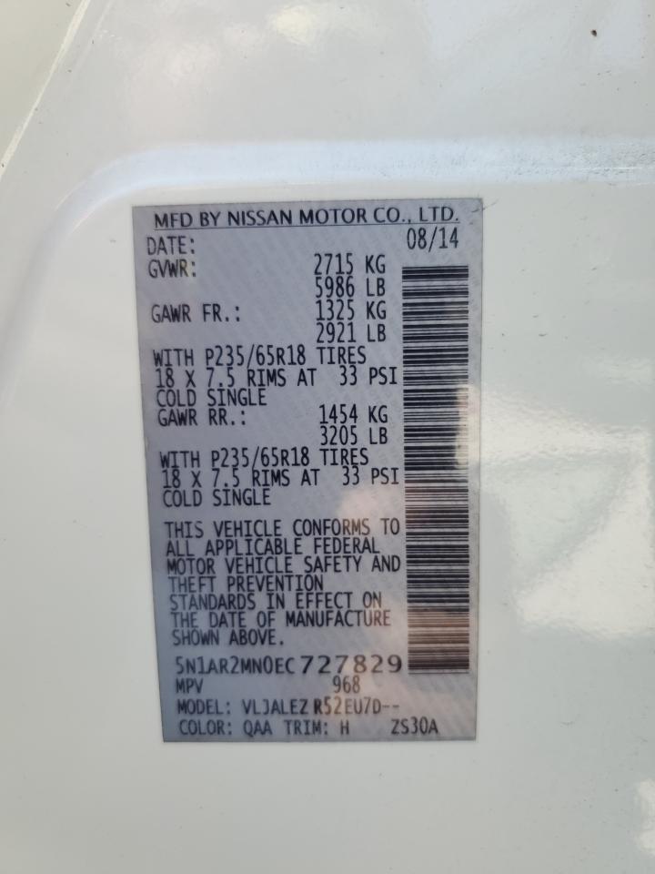 2014 Nissan Pathfinder S VIN: 5N1AR2MN0EC727829 Lot: 55010735