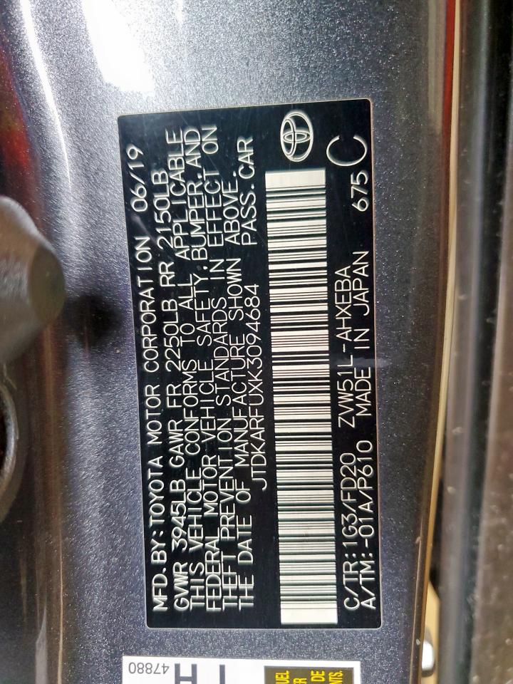 2019 Toyota Prius VIN: JTDKARFUXK3094684 Lot: 57084325
