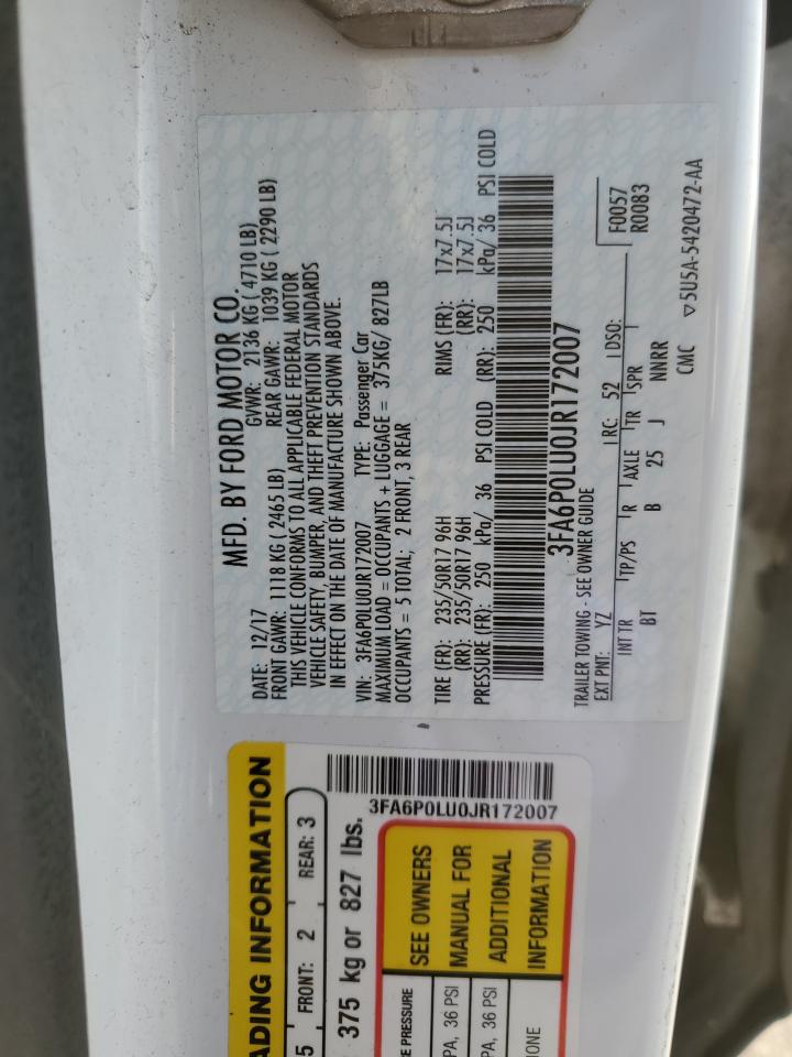 2018 Ford Fusion Se Hybrid VIN: 3FA6P0LU0JR172007 Lot: 54033125