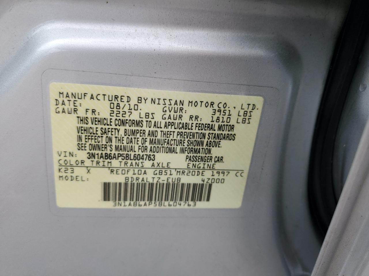 2011 Nissan Sentra 2.0 VIN: 3N1AB6AP5BL604763 Lot: 57211235