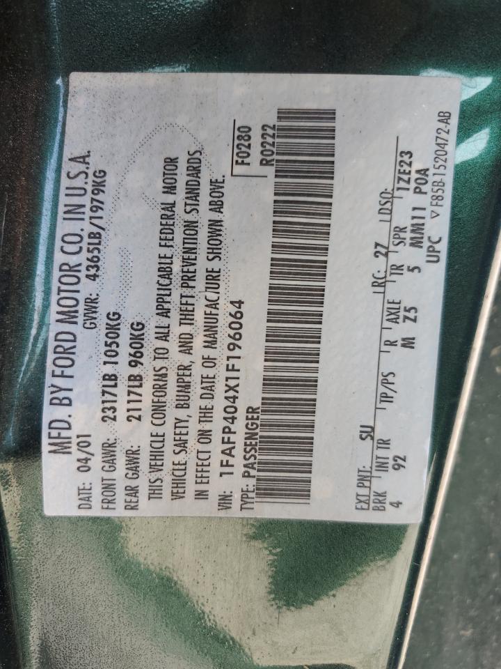 2001 Ford Mustang VIN: 1FAFP404X1F196064 Lot: 57237155