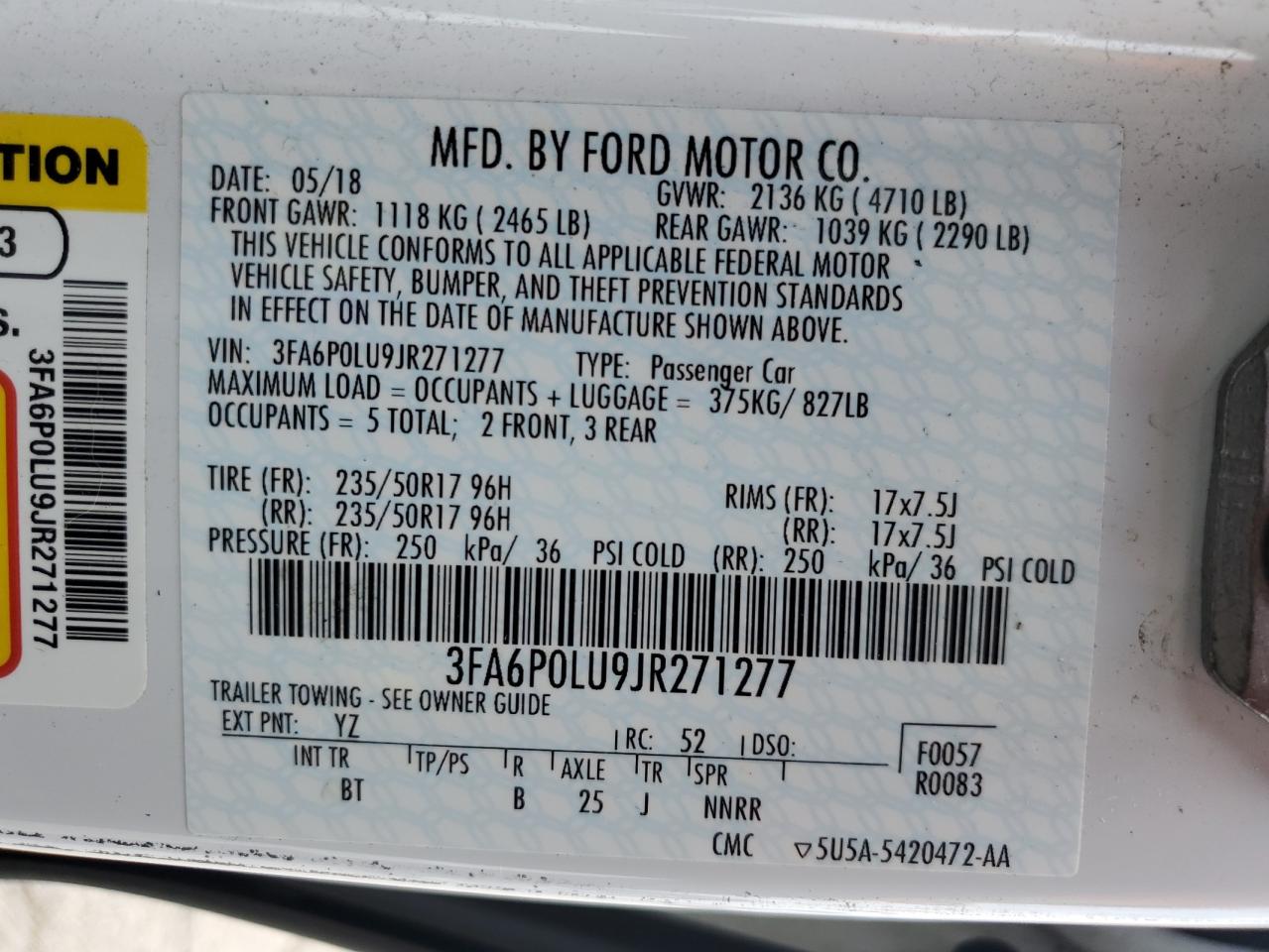 2018 Ford Fusion Se Hybrid VIN: 3FA6P0LU9JR271277 Lot: 54034645